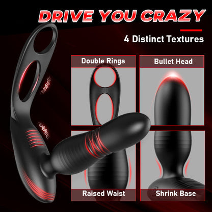 Futurlio  10 Thrusting & Vibrating Double Cock Rings Silicone Prostate Massager Low Noise